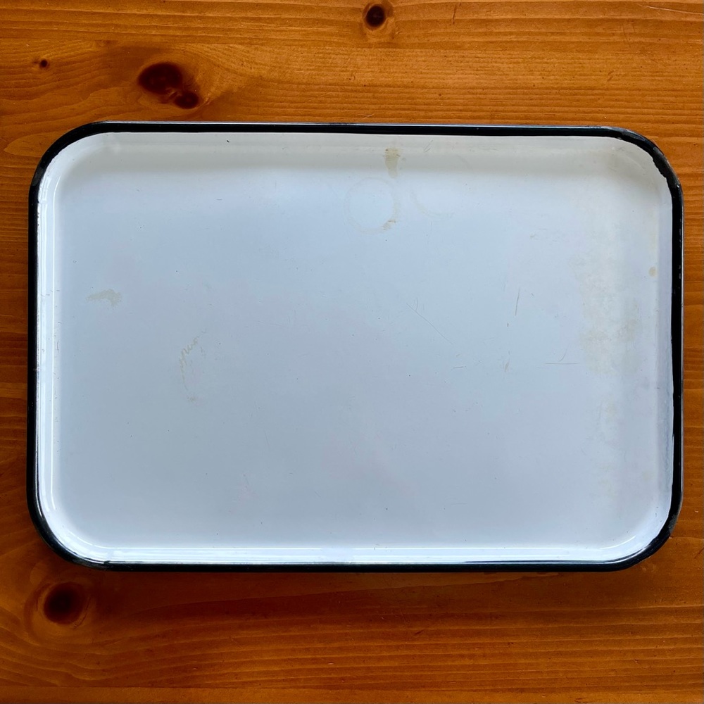 Antique Vintage White Rectangular Metal Tray with Black Border